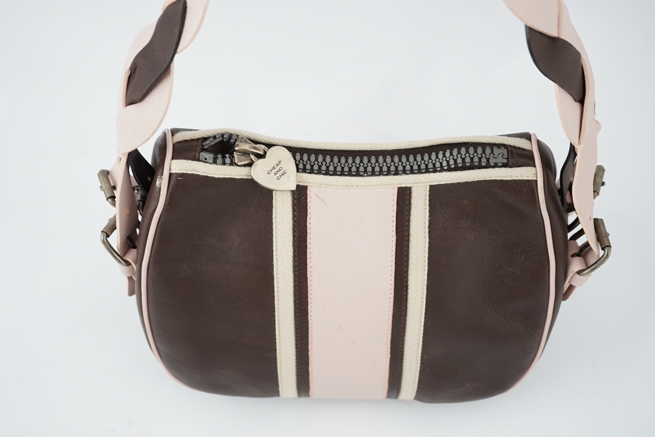 A Moschino Cheap and Chic brown and powder pink shoulder bag, height 18cm, height to handle 30cm, width 28cm, depth 15cm